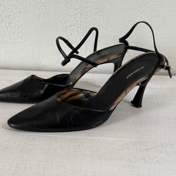 Burberry Slingback Heels Novacheck Black Leather Pointed Toe Size 39.5/US 9.5 - Picture 4 of 12